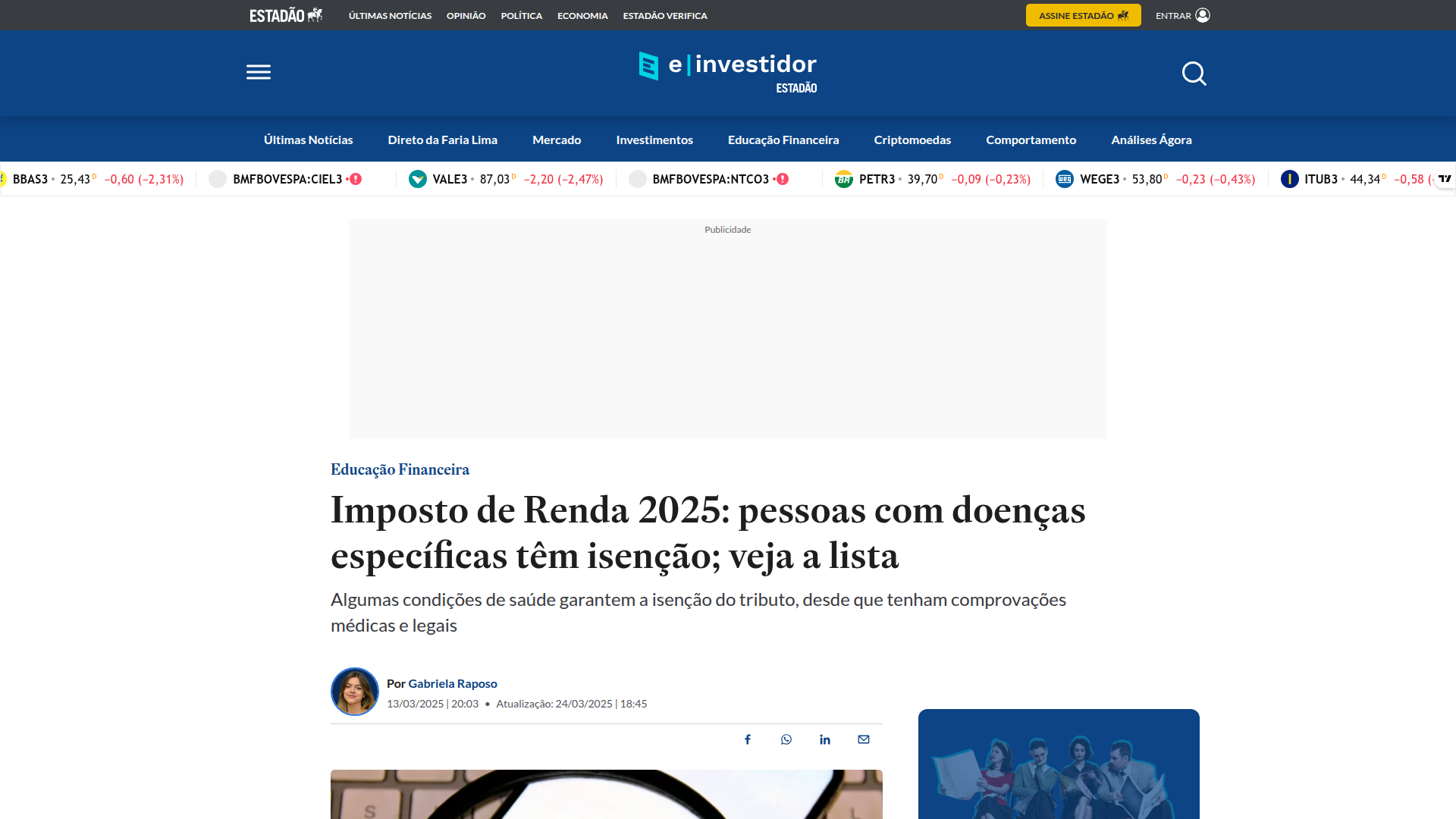 Matéria: Imposto de Renda 2025: pessoas com doenças específicas têm isenção; veja a lista — Estadão