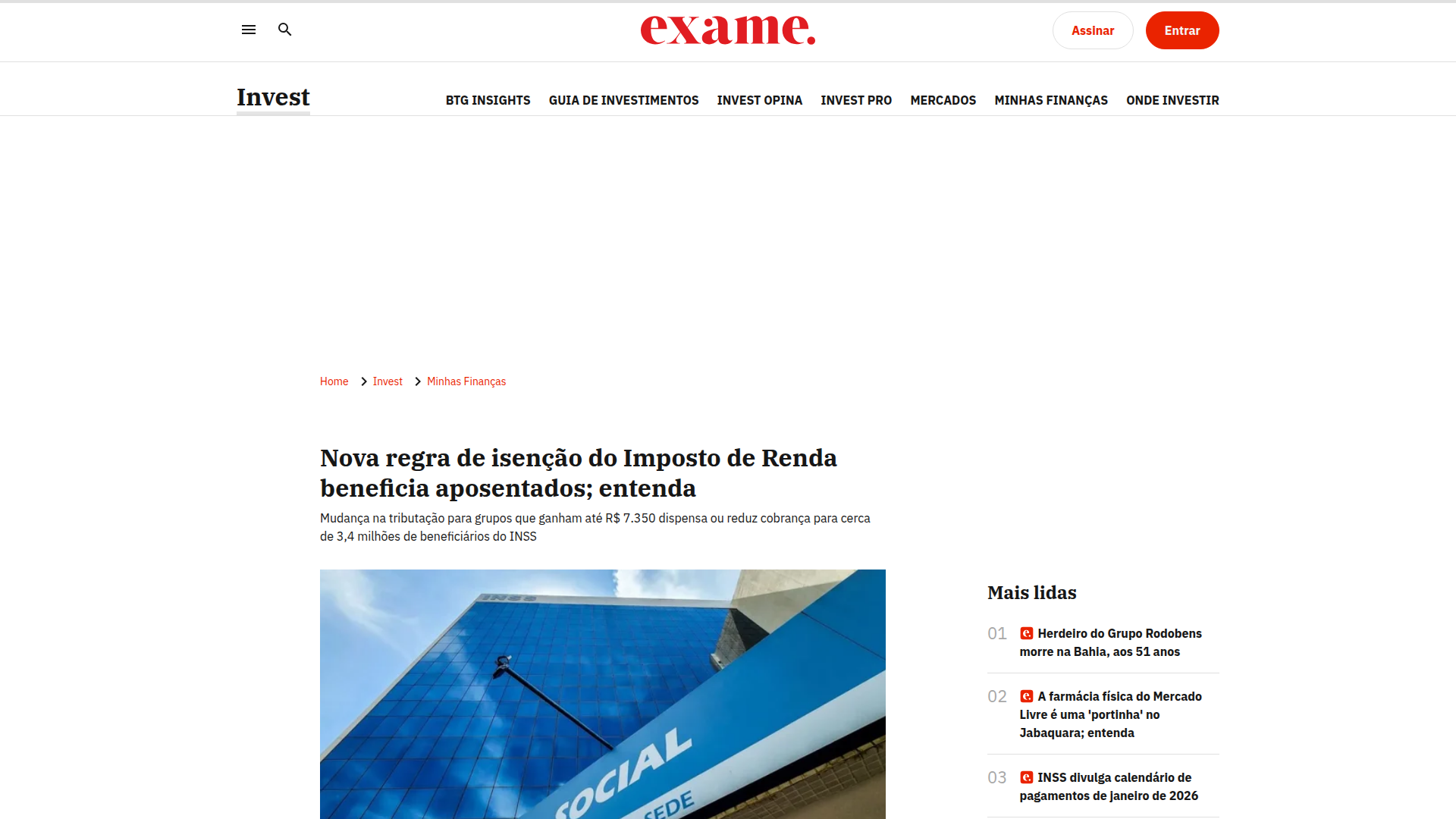 Matéria: Nova regra de isenção do Imposto de Renda beneficia aposentados; entenda — Exame