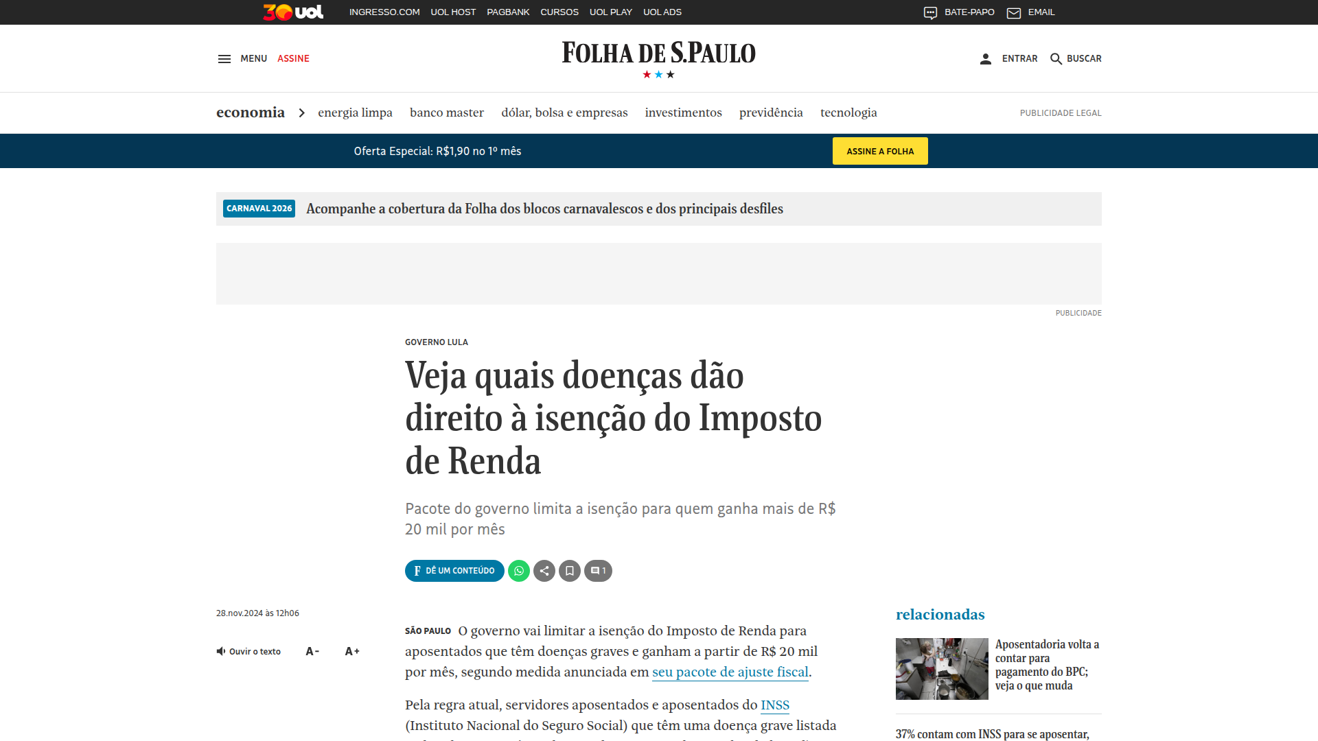 Matéria: Veja quais doenças dão direito à isenção do Imposto de Renda — Folha de S.Paulo